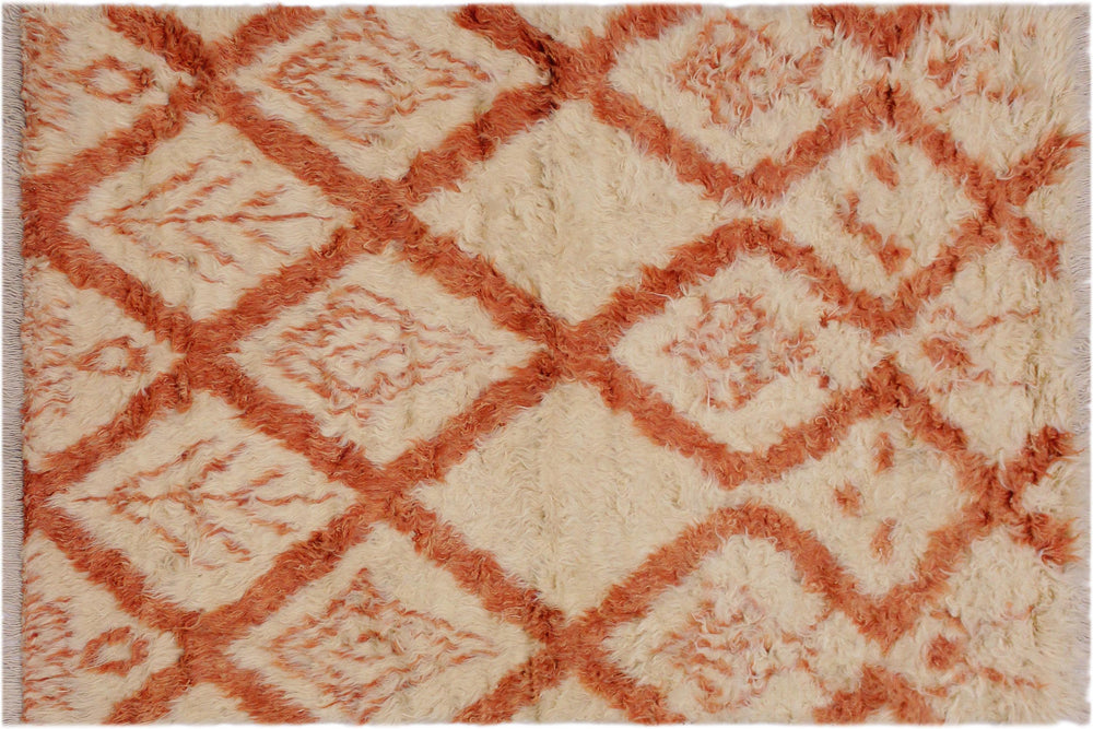 handmade Geometric Moroccan Ivory Rust Hand Knotted RECTANGLE 100% WOOL area rug 4' x 6'