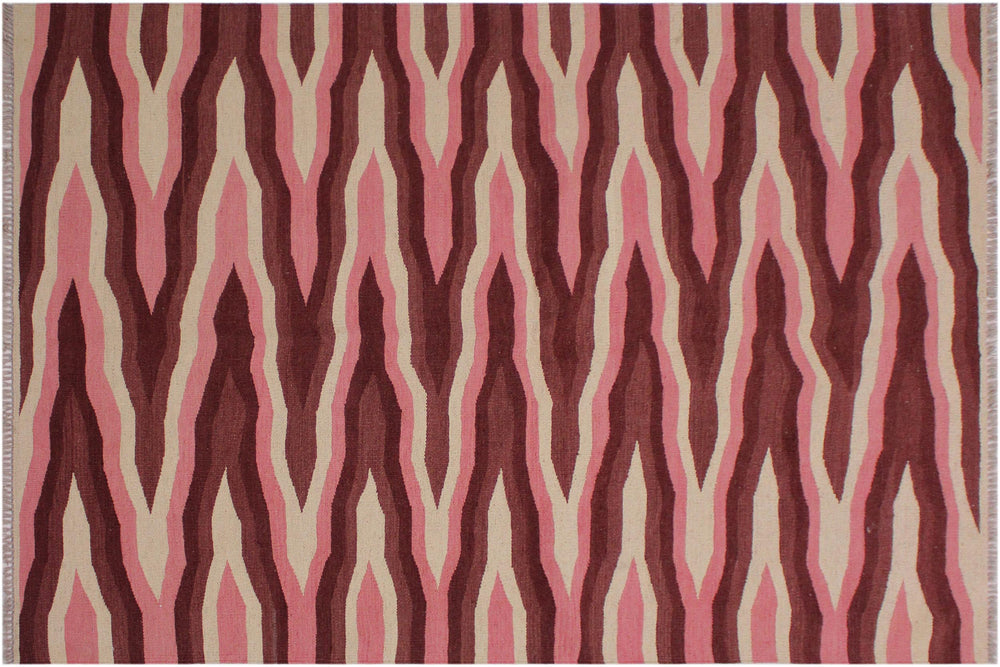 handmade Modern Kilim Ivory Pink Hand-Woven RECTANGLE 100% WOOL area rug 4x6