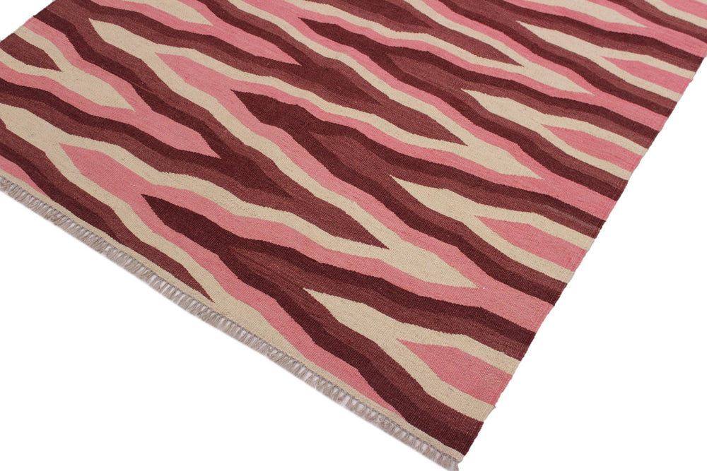 handmade Modern Kilim Ivory Pink Hand-Woven RECTANGLE 100% WOOL area rug 4x6