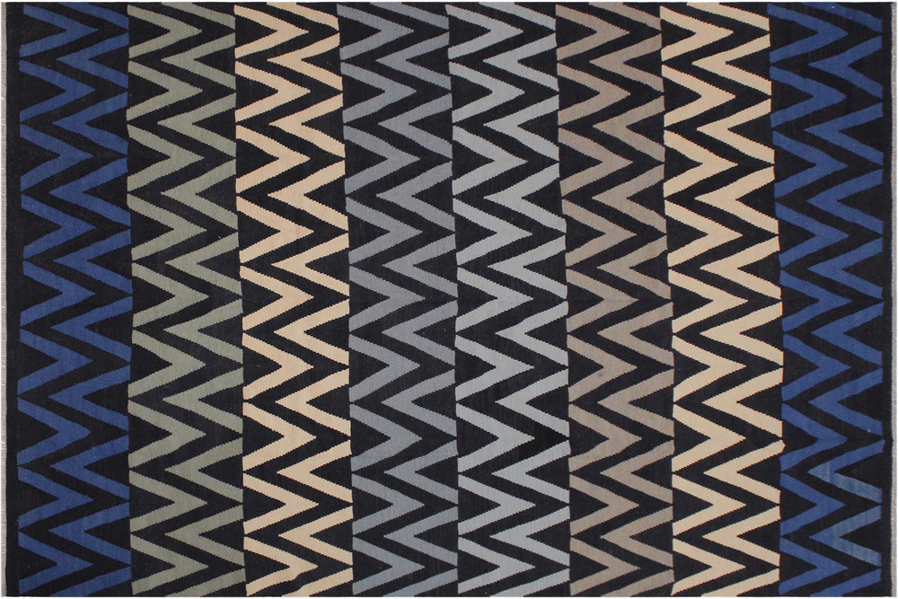 handmade Modern Kilim Black Ivory Hand-Woven RECTANGLE 100% WOOL area rug 8x10