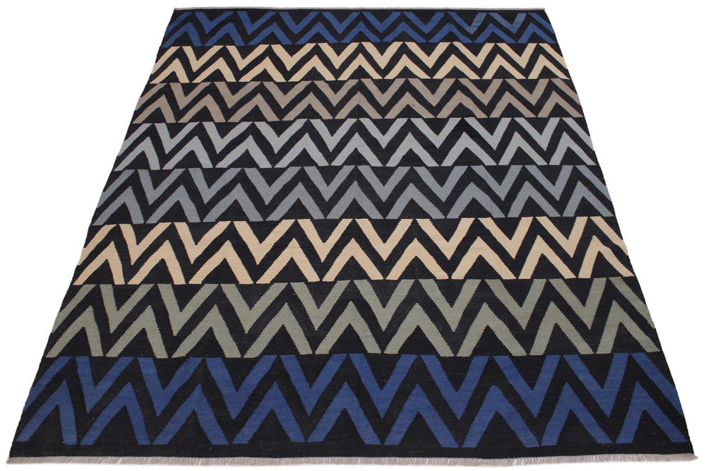 handmade Modern Kilim Black Ivory Hand-Woven RECTANGLE 100% WOOL area rug 8x10