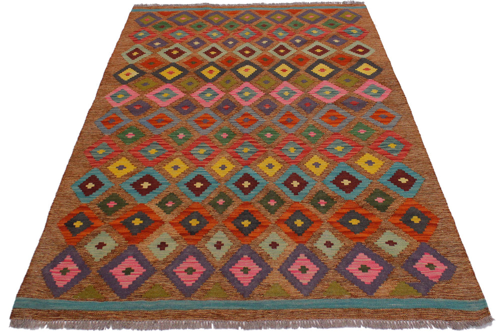 handmade Modern Kilim Brown Pink Hand-Woven RECTANGLE 100% WOOL area rug 5 x 6
