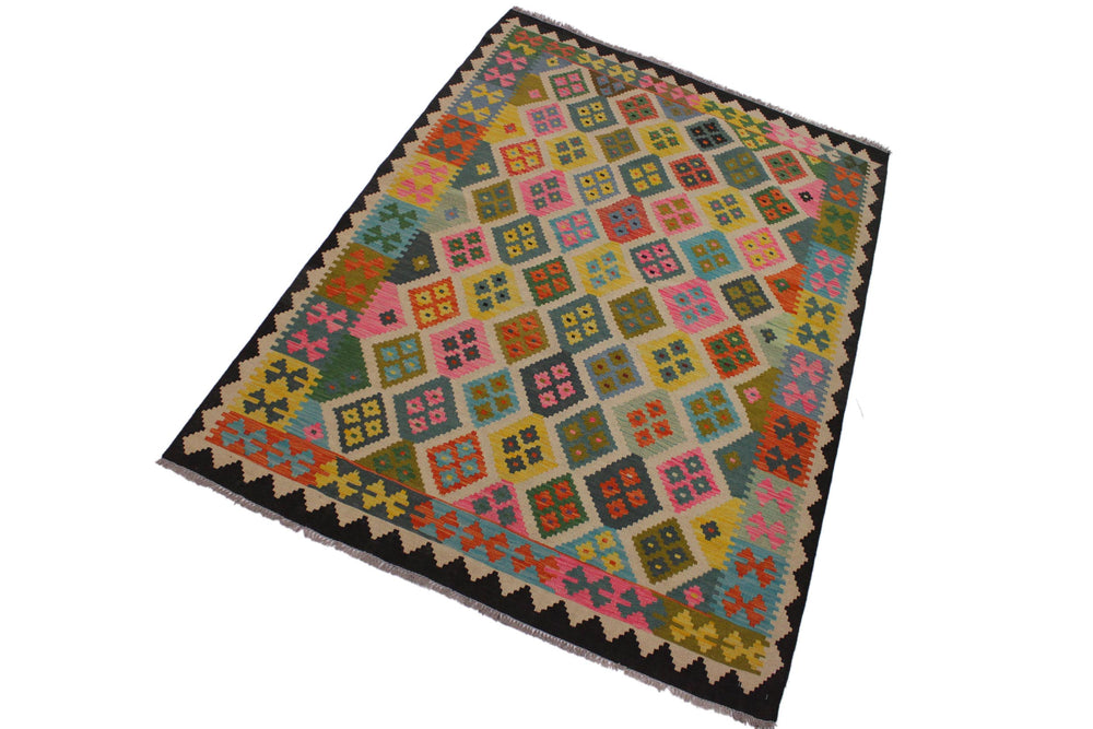 handmade Geometric Kilim Black Ivory Hand-Woven RECTANGLE 100% WOOL area rug 6 x 8