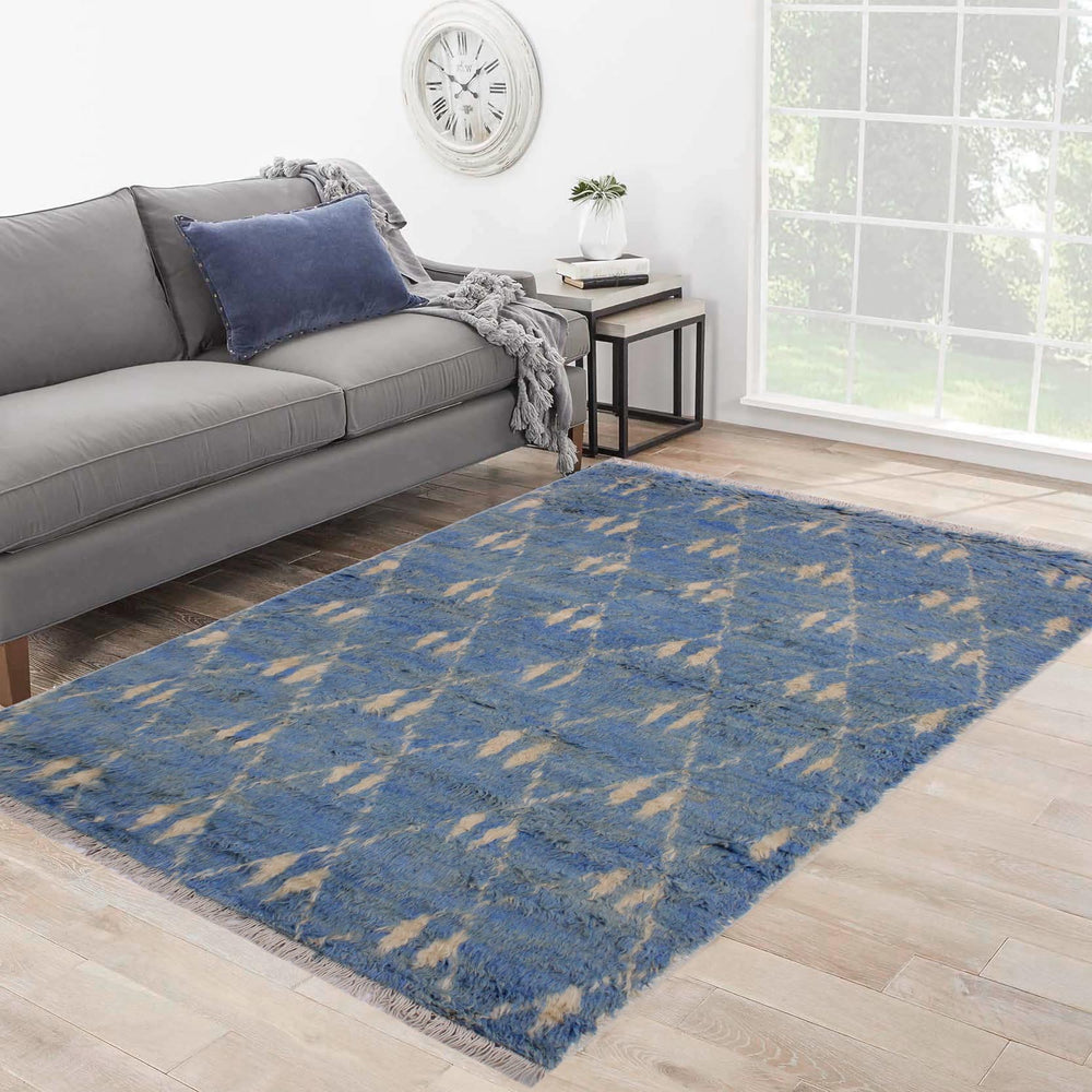 handmade Geometric Moroccan Lt. Blue Ivory Hand Knotted RECTANGLE 100% WOOL area rug 4' x 6'