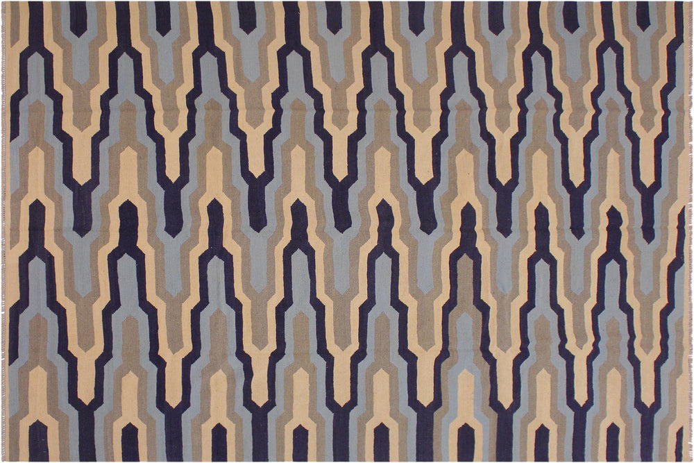 handmade Modern Kilim Ivory Blue Hand-Woven RECTANGLE 100% WOOL area rug 8x10