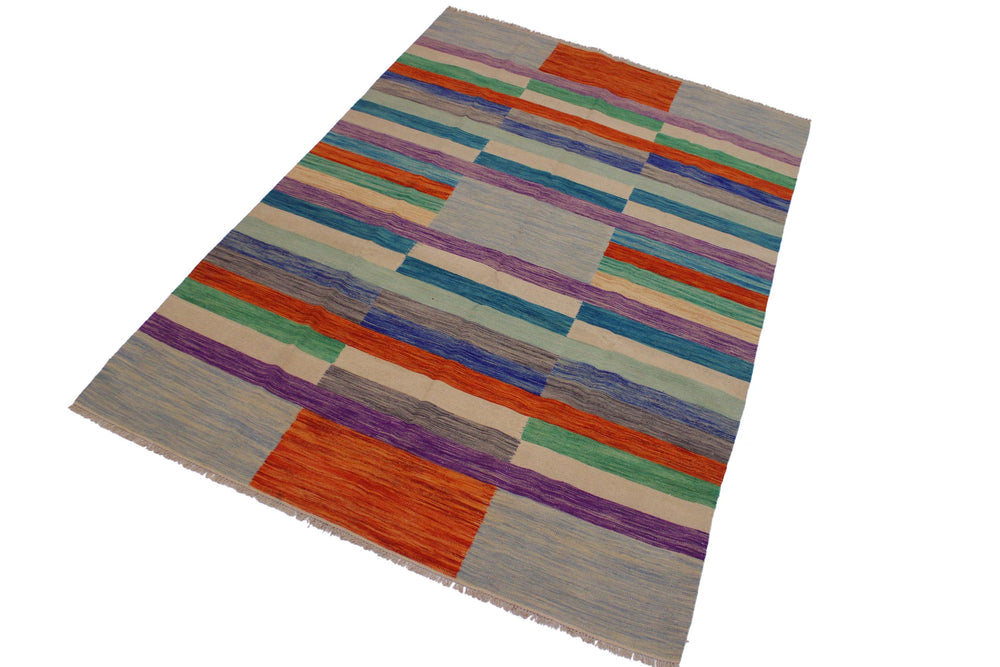 handmade Modern Kilim Grey Purple Hand-Woven RECTANGLE 100% WOOL area rug 7x10
