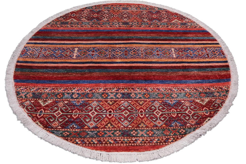 handmade Geometric Kurjean Red Blue Hand Knotted ROUND 100% WOOL area rug 4x4