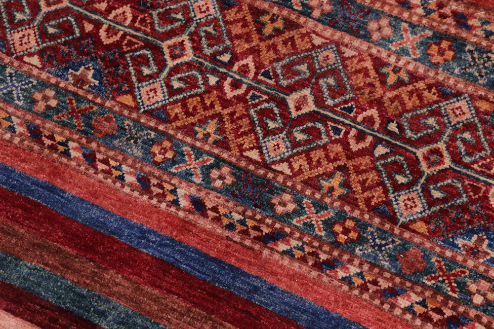 handmade Geometric Kurjean Red Blue Hand Knotted ROUND 100% WOOL area rug 4x4