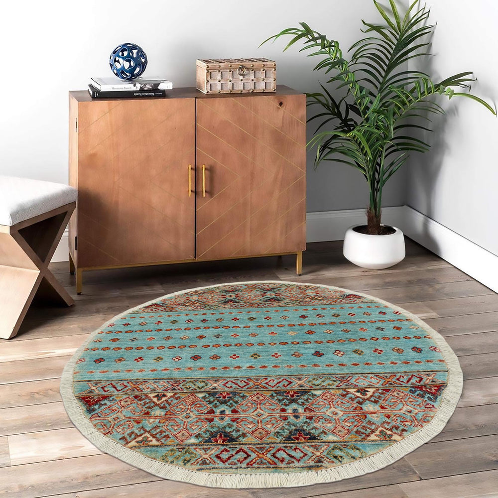 handmade Geometric Kurjean Blue Gold Hand Knotted ROUND 100% WOOL area rug 3x3