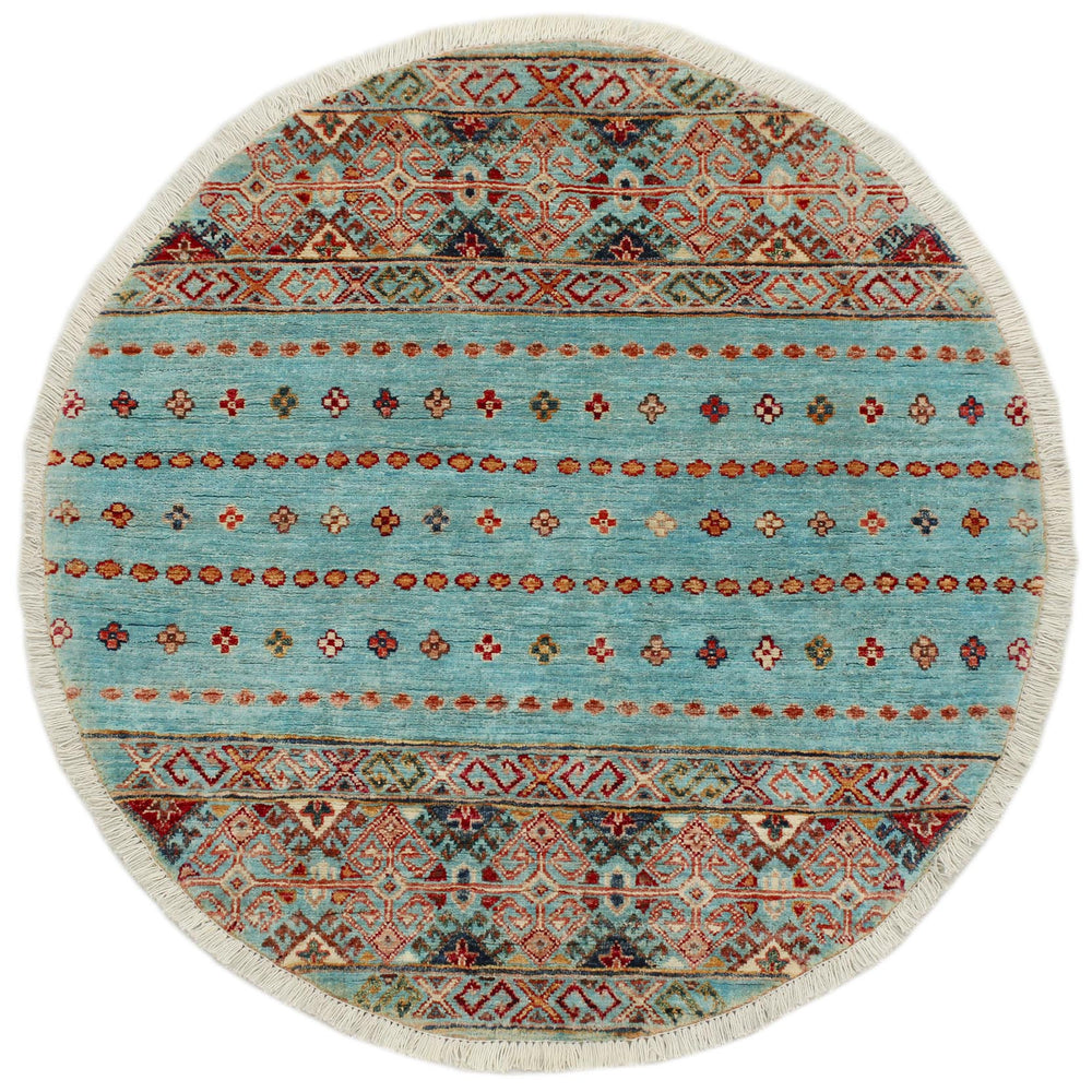 handmade Geometric Kurjean Blue Gold Hand Knotted ROUND 100% WOOL area rug 3x3
