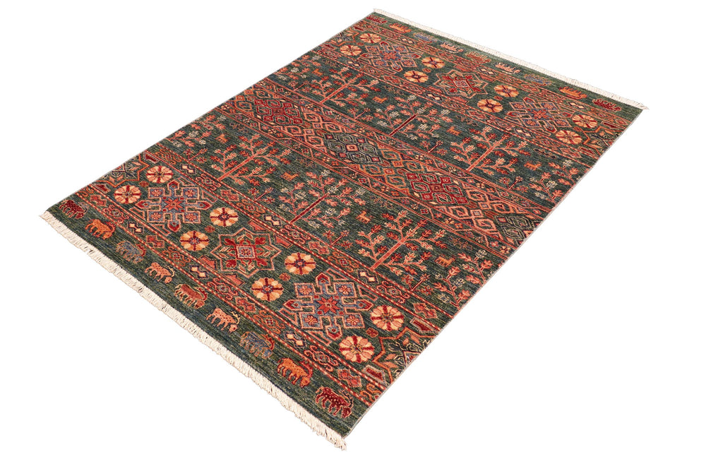 handmade Geometric Kurjean Green Orange Hand Knotted RECTANGLE 100% WOOL area rug 4x6