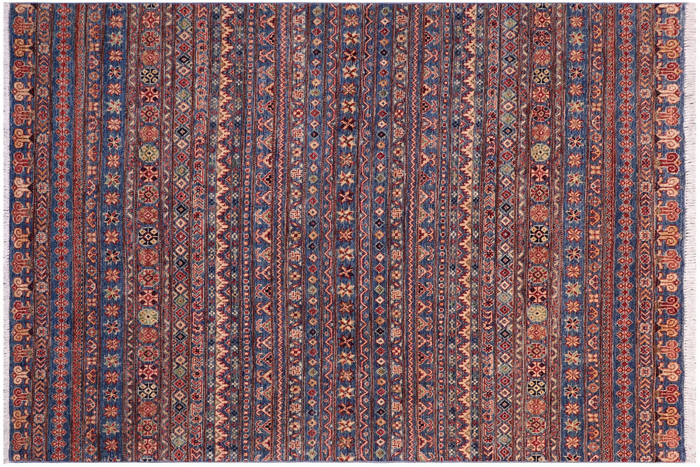 handmade Geometric Kurjean Blue Beige Hand Knotted RECTANGLE 100% WOOL area rug 5x7