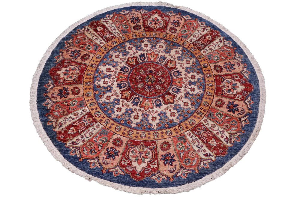 handmade Geometric Kurjean Blue Red Hand Knotted ROUND 100% WOOL area rug 5x5