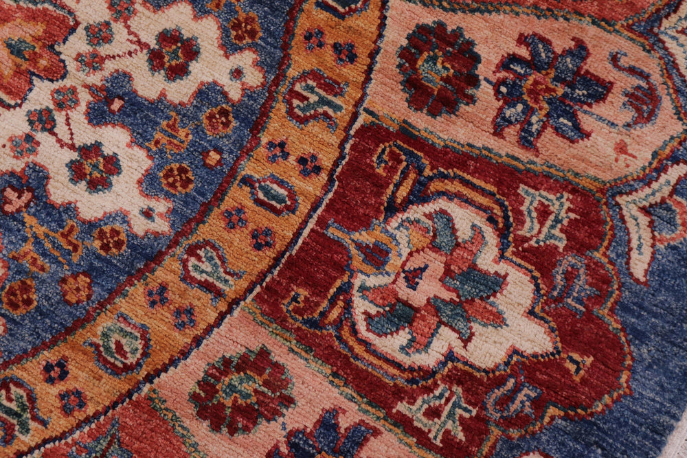 handmade Geometric Kurjean Blue Red Hand Knotted ROUND 100% WOOL area rug 5x5