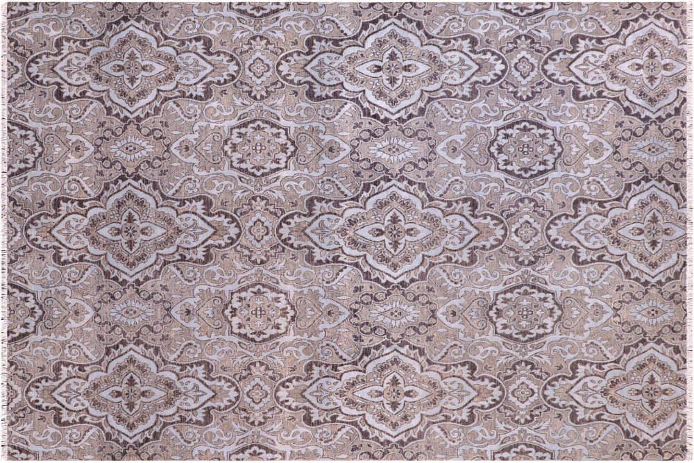 handmade Modern Kafkaz Gray Lt. Blue Hand Knotted RECTANGLE WOOL&SILK area rug 8' x 10'