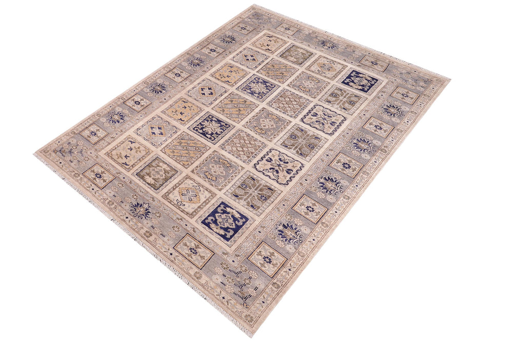 handmade Geometric Kafkaz Ivory Blue Hand Knotted RECTANGLE 100% WOOL area rug 6' x 9'