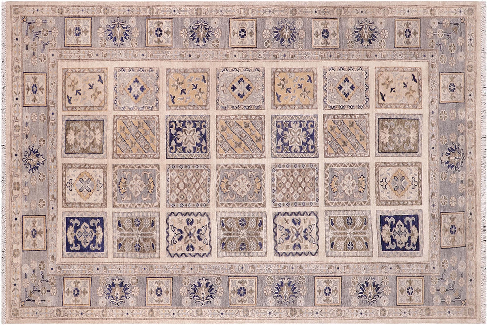 handmade Geometric Kafkaz Ivory Blue Hand Knotted RECTANGLE 100% WOOL area rug 6' x 9'