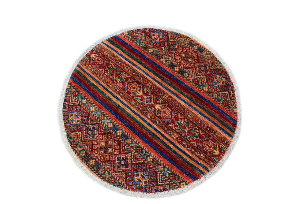 handmade Geometric Kurjean Red Blue Hand Knotted ROUND 100% WOOL area rug 3x3