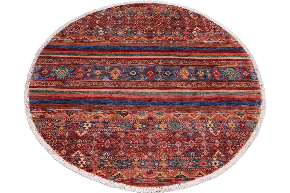 handmade Geometric Kurjean Red Blue Hand Knotted ROUND 100% WOOL area rug 5x5