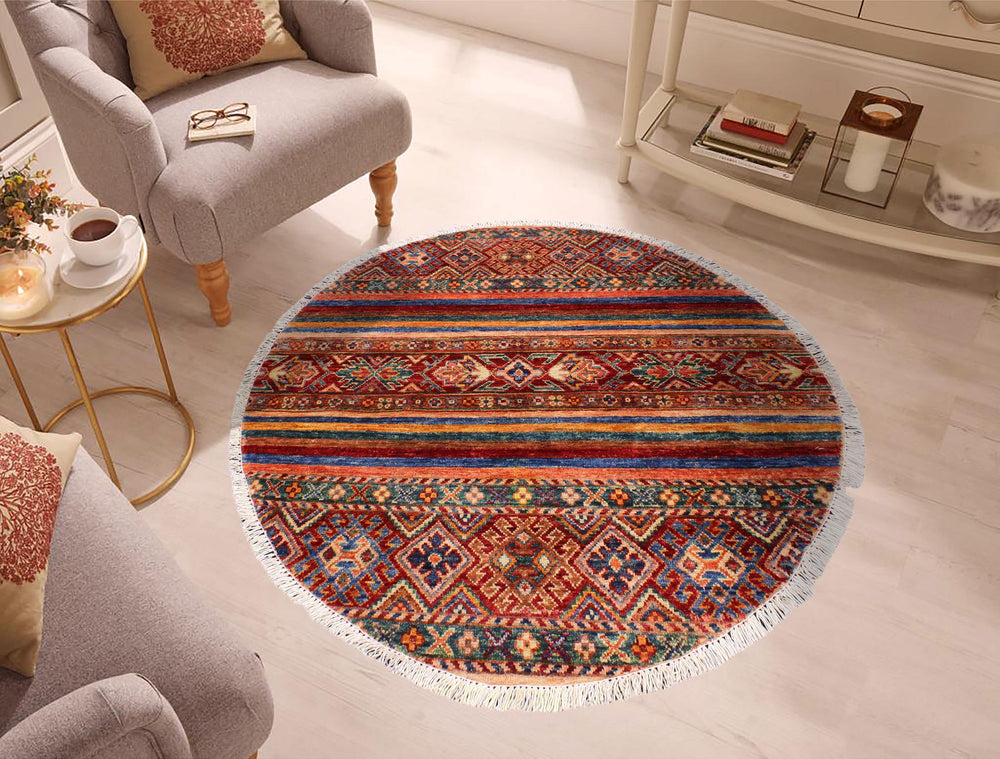 handmade Geometric Kurjean Red Blue Hand Knotted ROUND 100% WOOL area rug 3x3