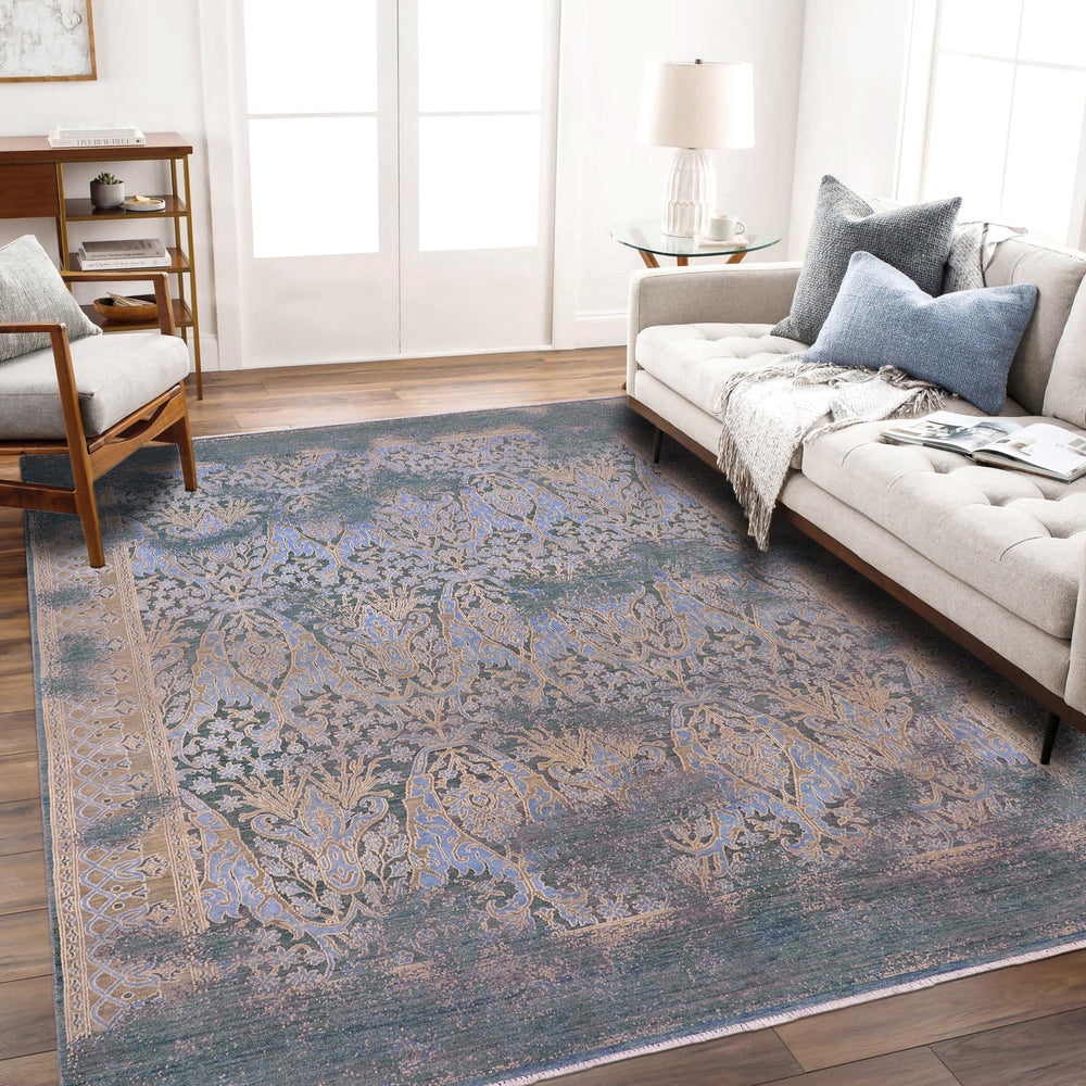 handmade Modern Kafkaz Teal Blue Hand Knotted RECTANGLE WOOL&SILK area rug 8' x 10'
