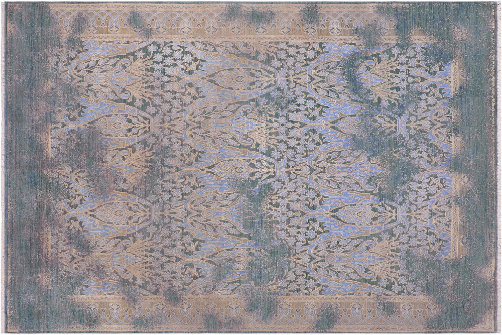handmade Modern Kafkaz Teal Blue Hand Knotted RECTANGLE WOOL&SILK area rug 8' x 10'