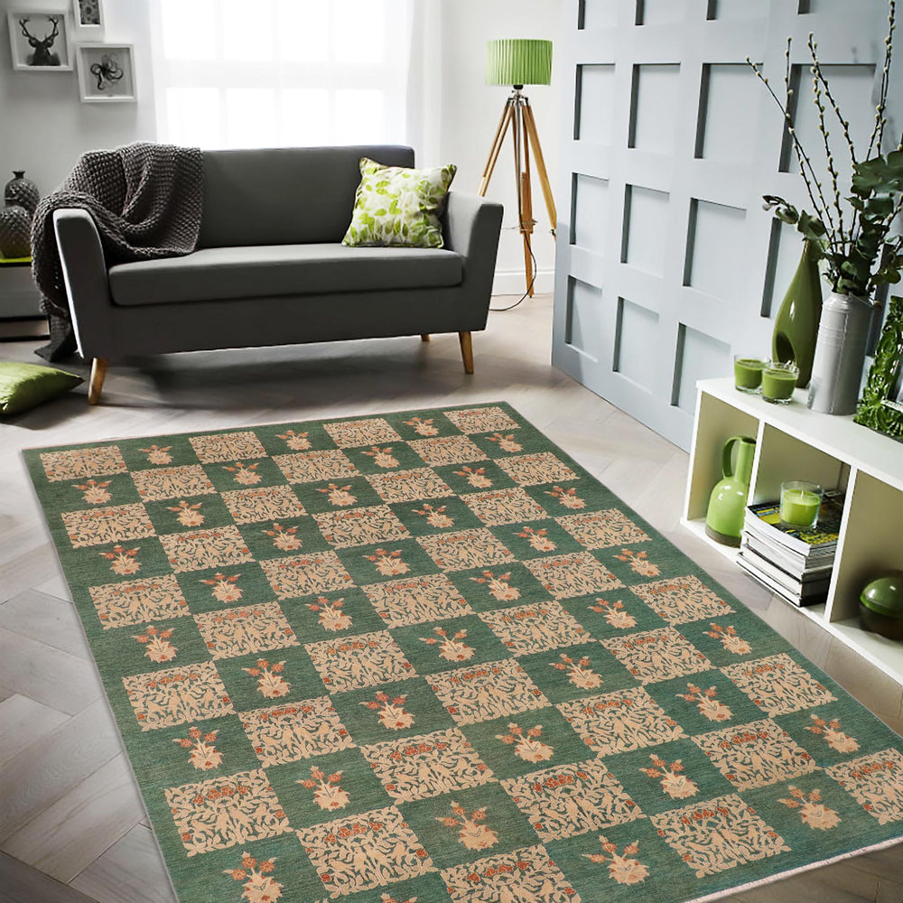 handmade Modern Kafkaz Green Tan Hand Knotted RECTANGLE 100% WOOL area rug 10' x 14'