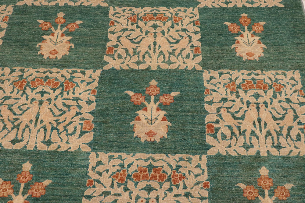 handmade Modern Kafkaz Green Tan Hand Knotted RECTANGLE 100% WOOL area rug 10' x 14'