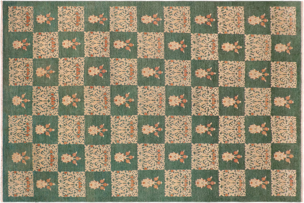 handmade Modern Kafkaz Green Tan Hand Knotted RECTANGLE 100% WOOL area rug 10' x 14'