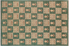 handmade Modern Kafkaz Green Tan Hand Knotted RECTANGLE 100% WOOL area rug 10' x 14'