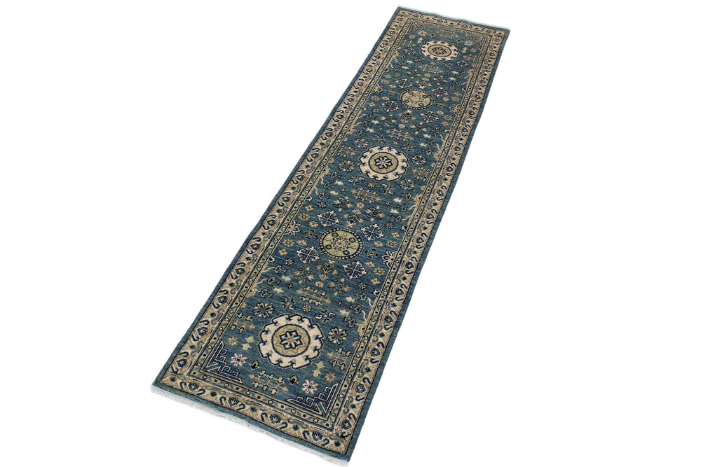 handmade Geometric Kafkaz Blue Ivory Hand Knotted RUNNER 100% WOOL area rug 3' x 9'