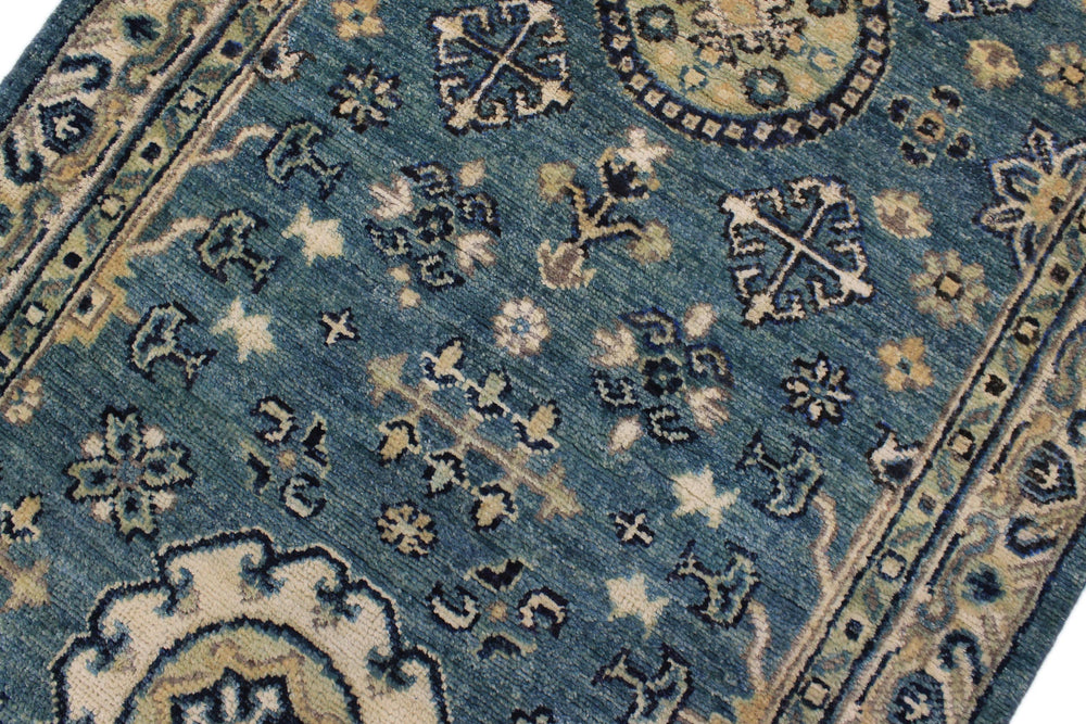 handmade Geometric Kafkaz Blue Ivory Hand Knotted RUNNER 100% WOOL area rug 3' x 9'