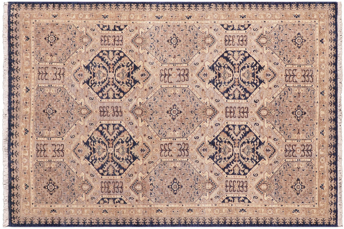 handmade Transitional Kafkaz Blue Beige Hand Knotted RECTANGLE 100% WOOL area rug 5' x 7'