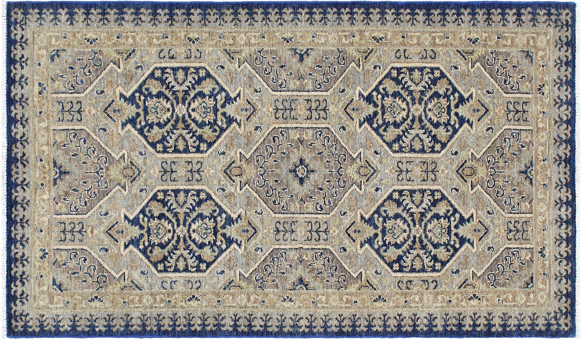handmade Transitional Kafkaz Blue Beige Hand Knotted RECTANGLE 100% WOOL area rug 3' x 6'