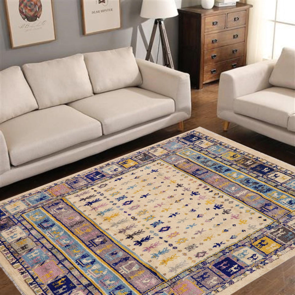 handmade Geometric Moroccan Beige Blue Hand Knotted RECTANGLE 100% WOOL area rug 8' x 10'