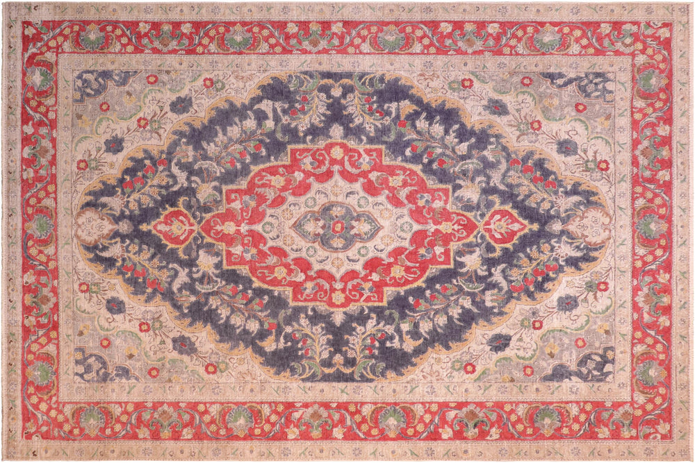 handmade Vintage Hand Painte Blue Red Hand Knotted RECTANGLE 100% WOOL area rug 8' x 11'