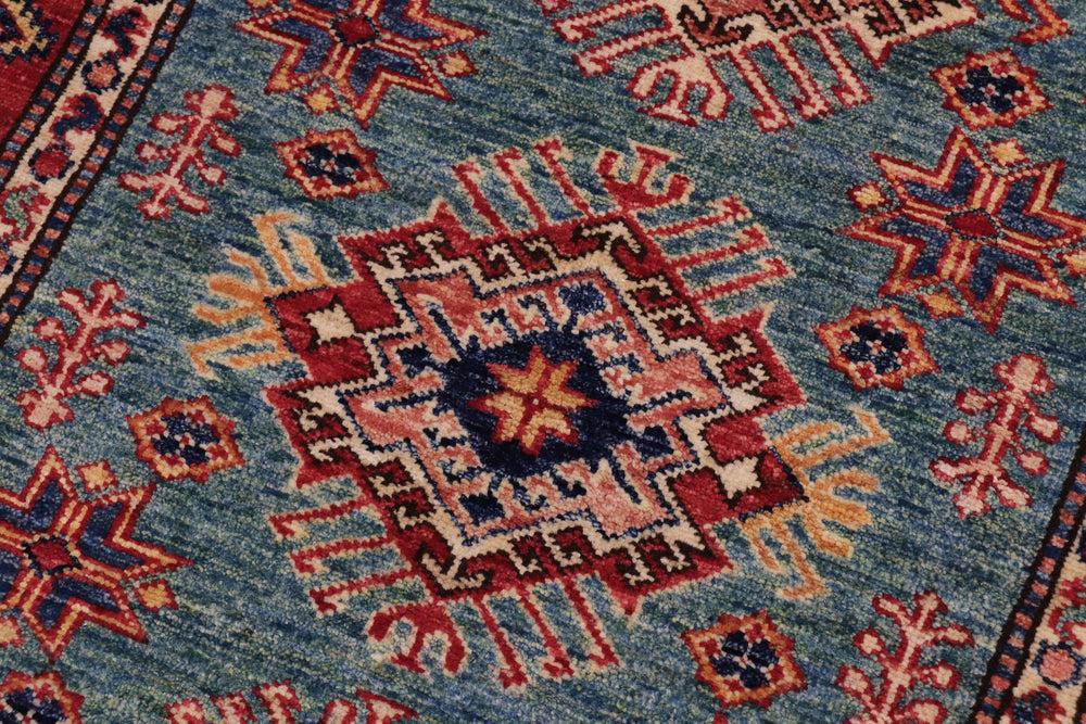 handmade Geometric Super Kazak Green Red Hand Knotted RECTANGLE 100% WOOL area rug 3' x 4'