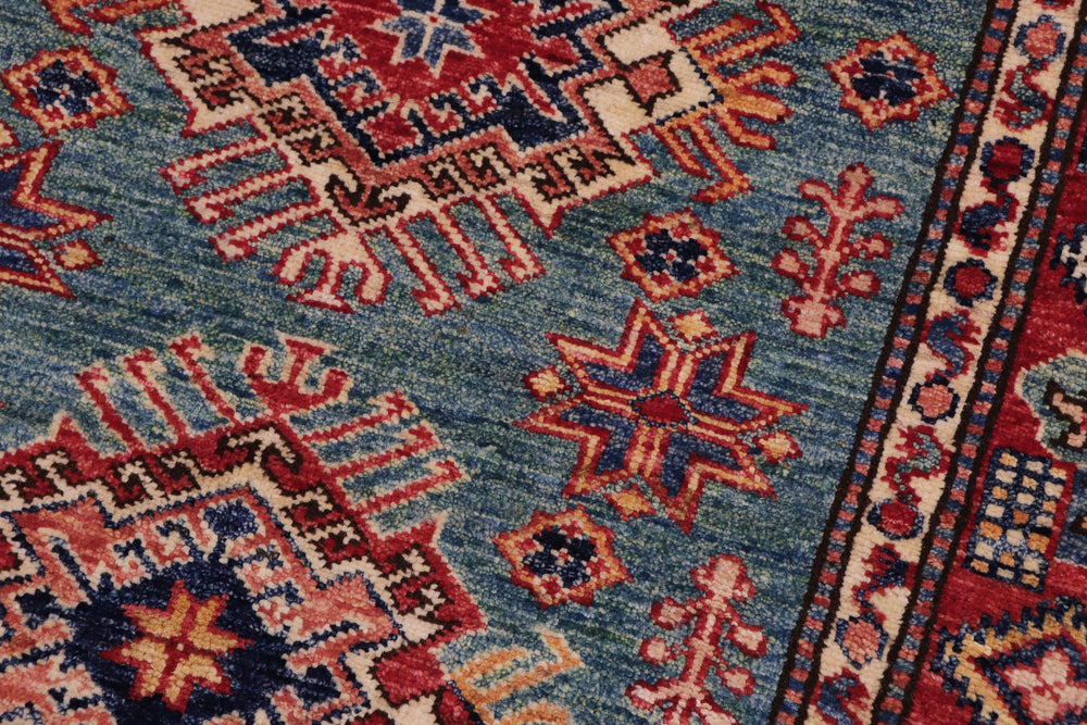 handmade Geometric Super Kazak Green Red Hand Knotted RECTANGLE 100% WOOL area rug 3' x 4'