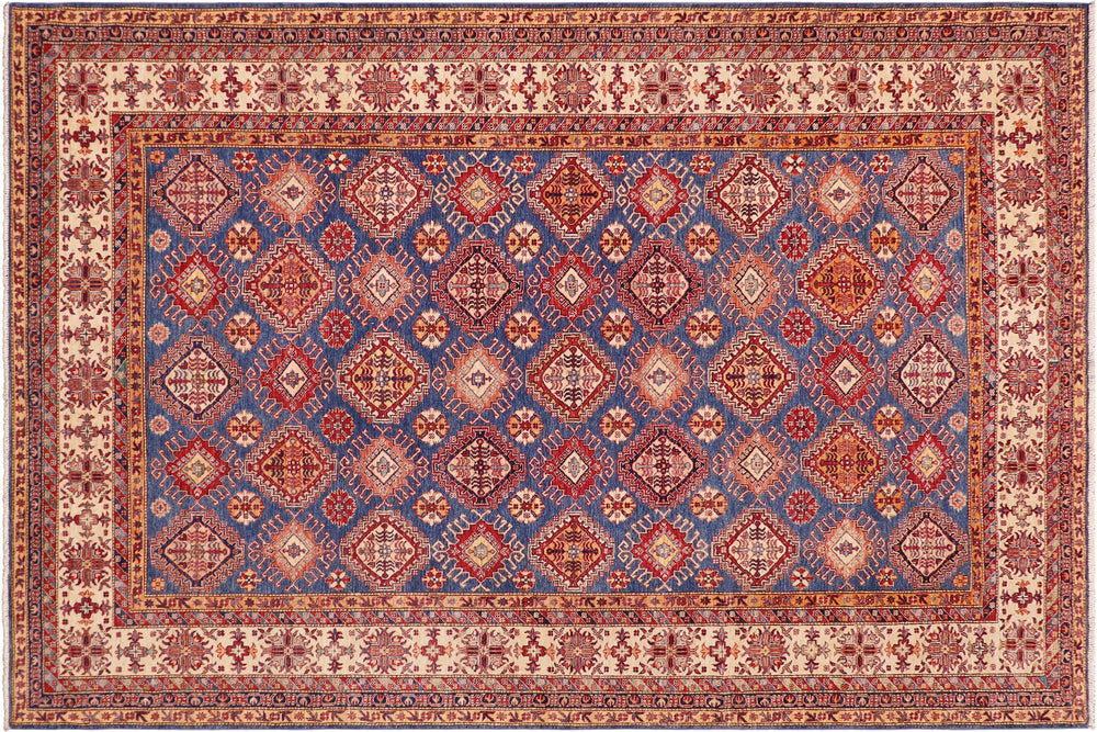 handmade Geometric Super Kazak Blue Beige Hand Knotted RECTANGLE 100% WOOL area rug 9' x 13'
