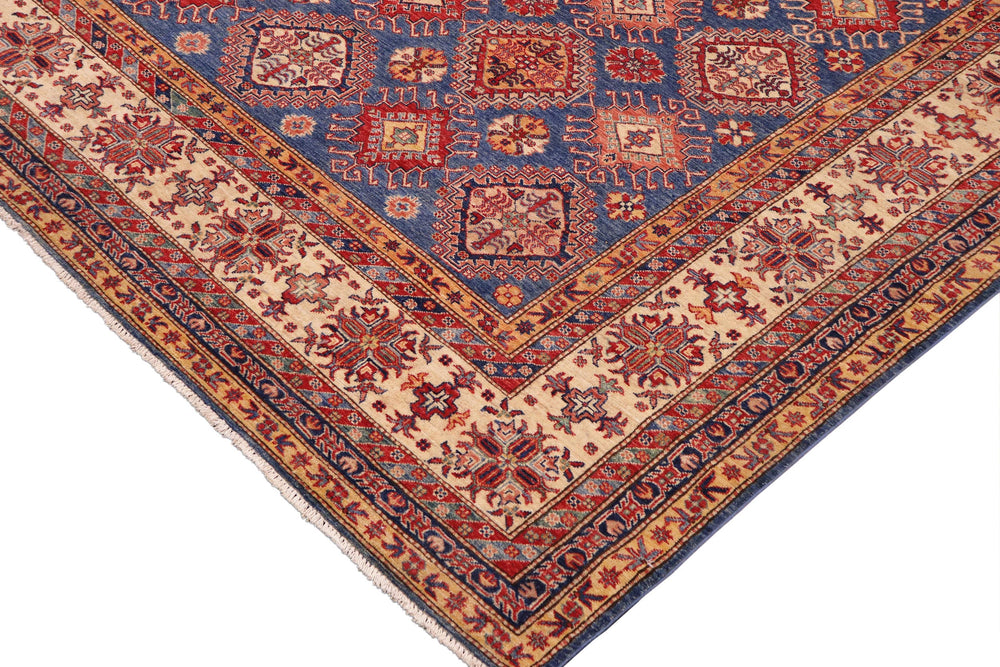 handmade Geometric Super Kazak Blue Beige Hand Knotted RECTANGLE 100% WOOL area rug 9' x 13'