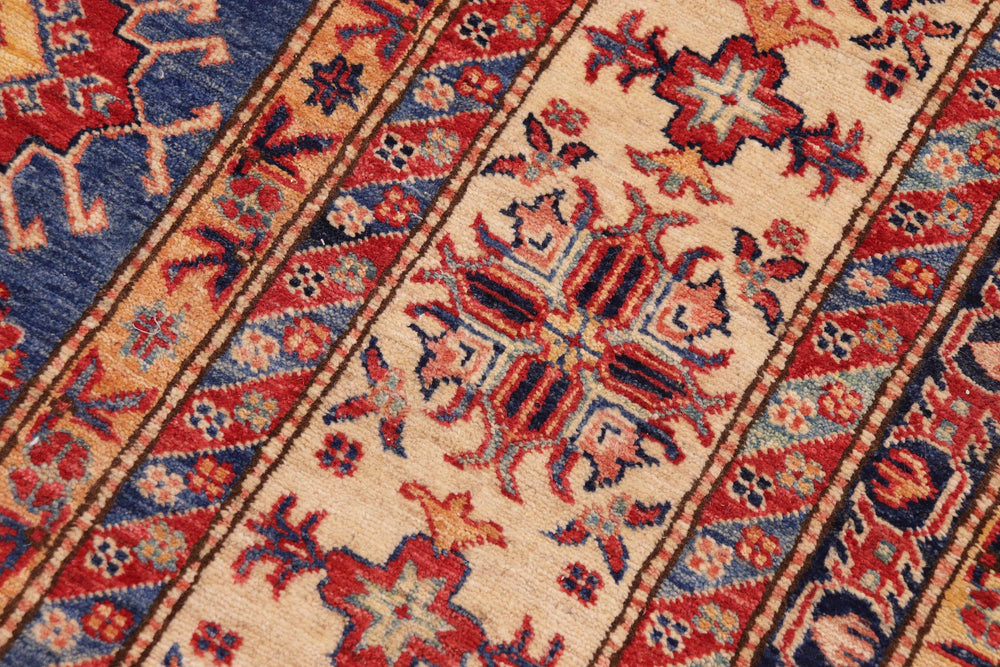 handmade Geometric Super Kazak Blue Beige Hand Knotted RECTANGLE 100% WOOL area rug 9' x 13'