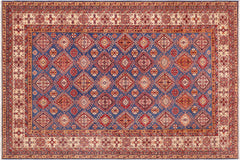handmade Geometric Super Kazak Blue Beige Hand Knotted RECTANGLE 100% WOOL area rug 9' x 13'