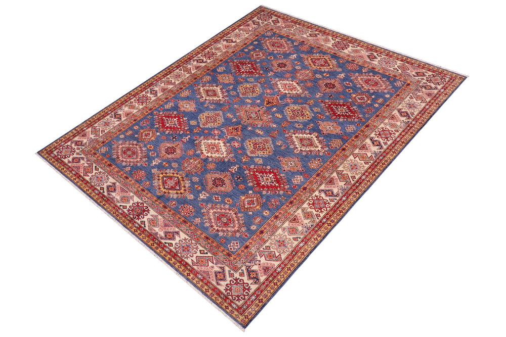 handmade Geometric Super Kazak Blue Ivory Hand Knotted RECTANGLE 100% WOOL area rug 9' x 12'