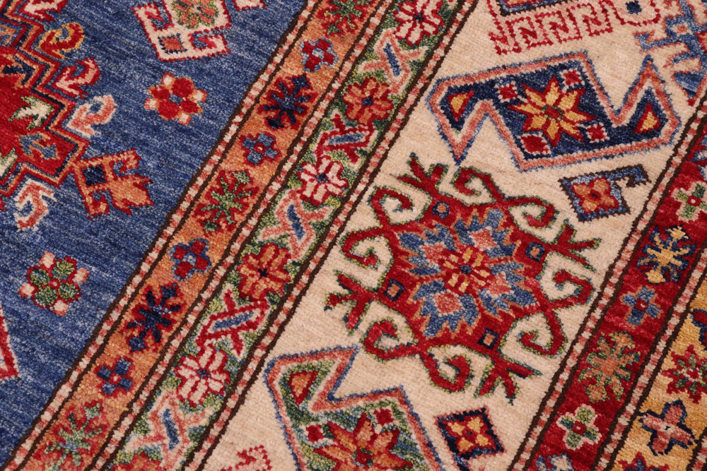 handmade Geometric Super Kazak Blue Ivory Hand Knotted RECTANGLE 100% WOOL area rug 9' x 12'