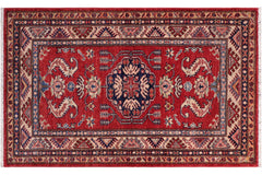 handmade Geometric Super Kazak Red Beige Hand Knotted RECTANGLE 100% WOOL area rug 3' x 5'