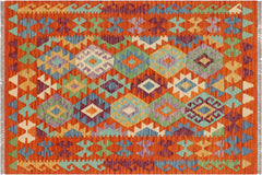 handmade Geometric Kilim Rust Blue Hand-Woven RECTANGLE 100% WOOL area rug 3 x 4