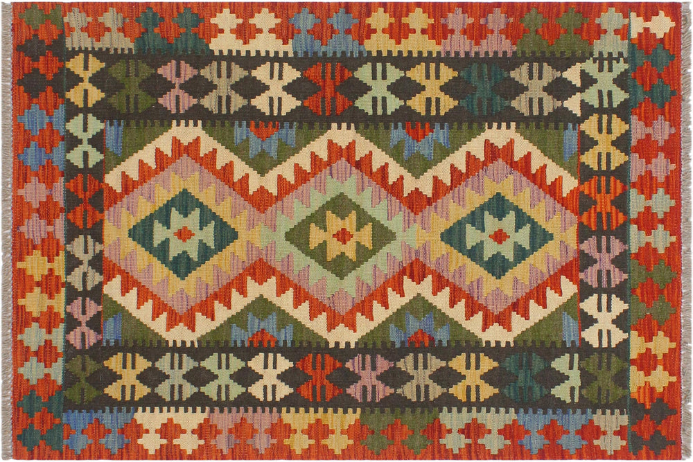 handmade Geometric Kilim Rust Charcoal Hand-Woven RECTANGLE 100% WOOL area rug 3' x 4'
