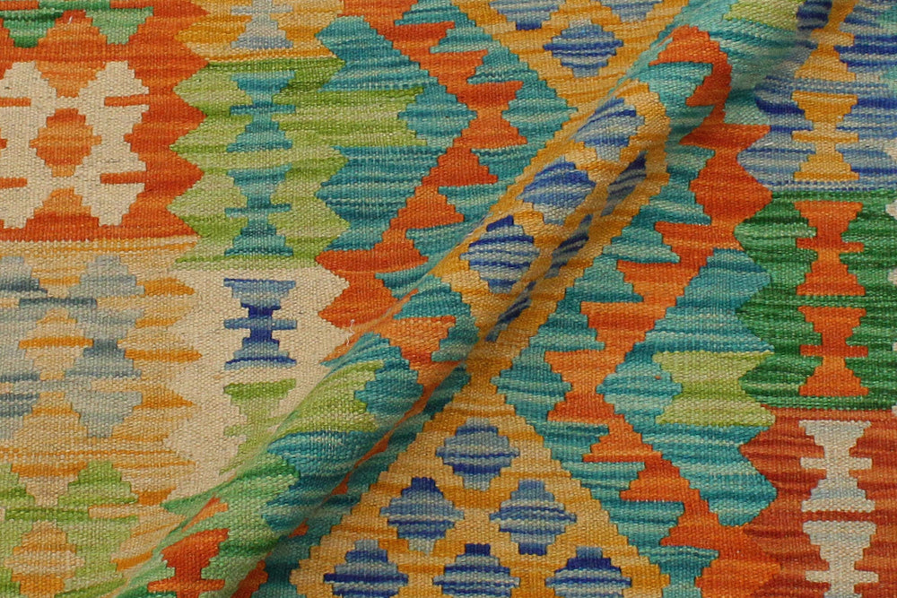 handmade Geometric Kilim Gold Blue Hand-Woven RECTANGLE 100% WOOL area rug 3' x 5'
