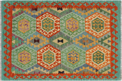 handmade Geometric Kilim Rust Green Hand-Woven RECTANGLE 100% WOOL area rug 3 x 5