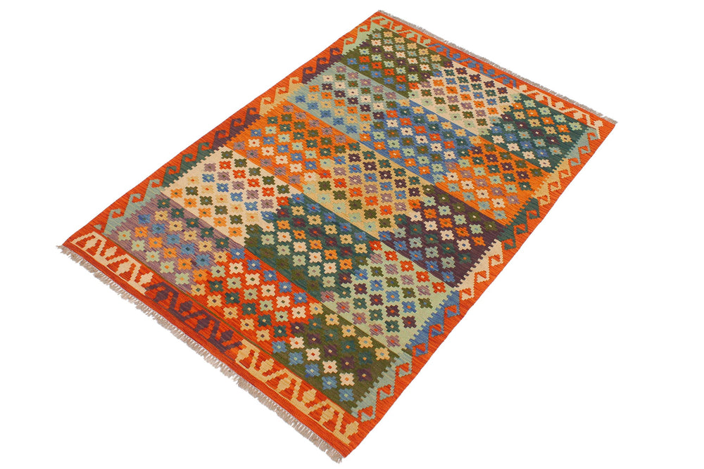 handmade Modern Kilim Beige Rust Hand-Woven RECTANGLE 100% WOOL area rug 4x6